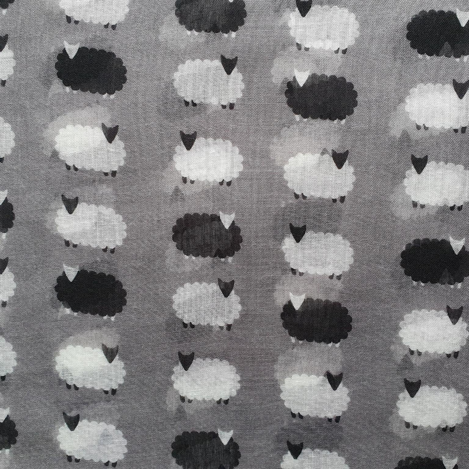 Pattern of black and white sheep on a gray background