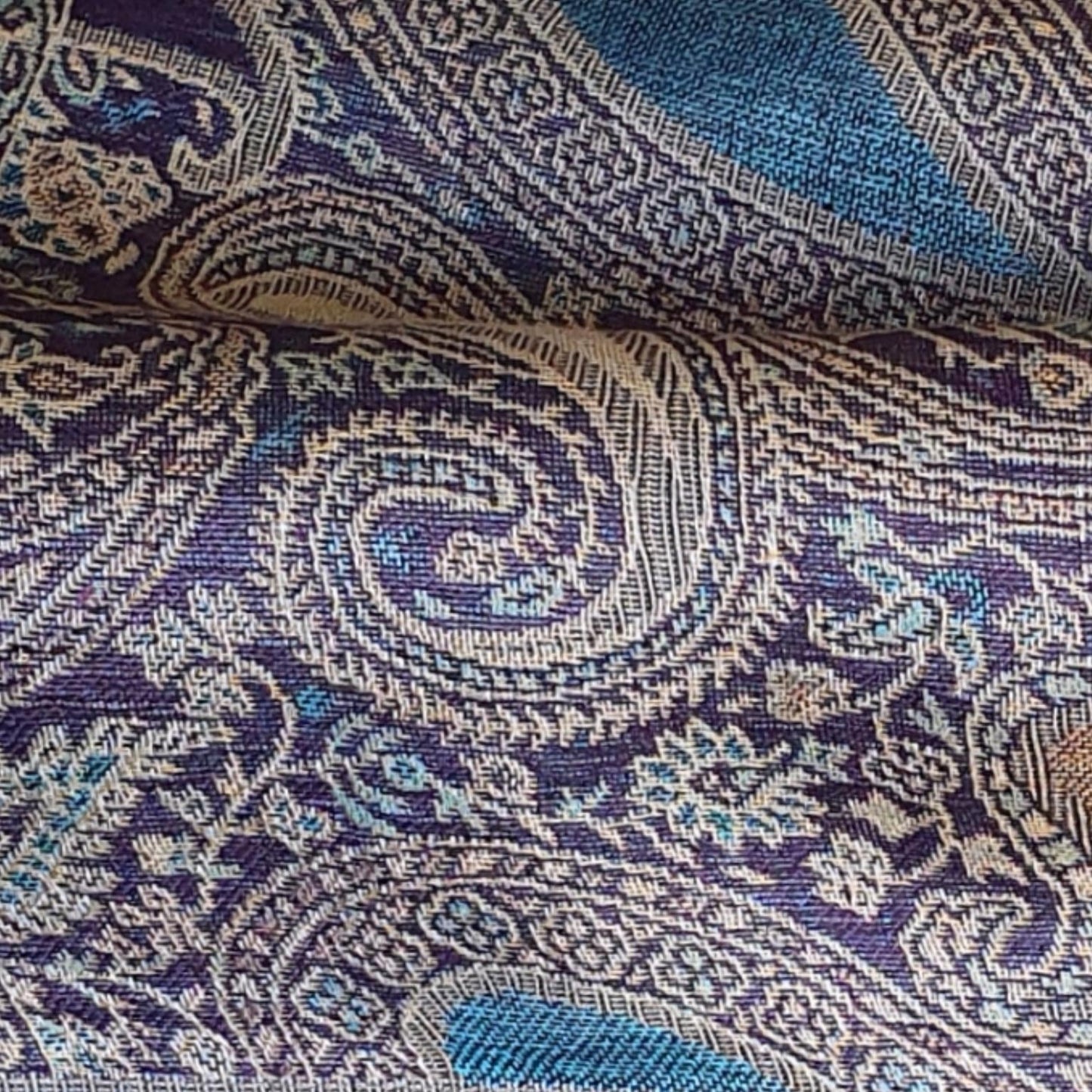 Close-up of patterned fabric with blue and purple tones