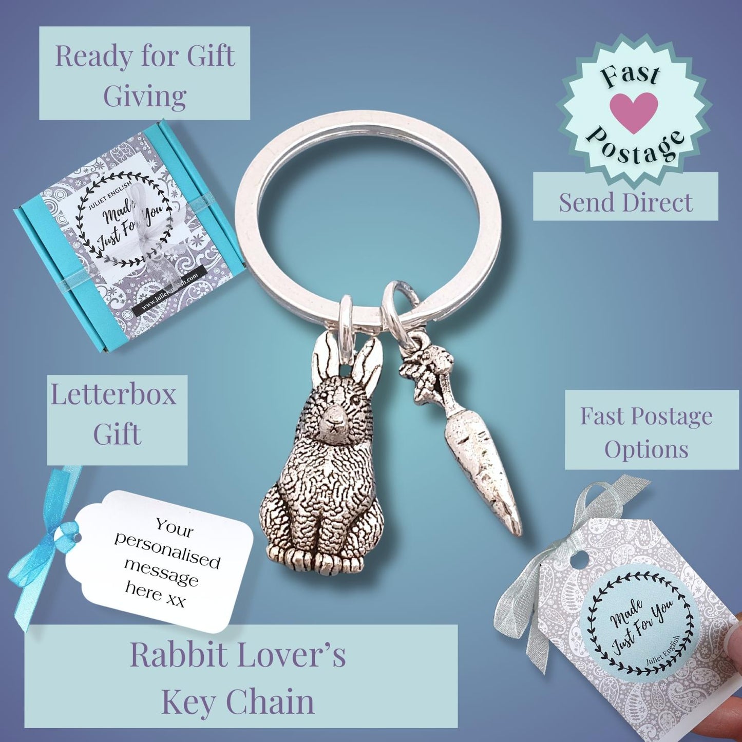 Silver rabbit and carrot keychain with a circular ring, shown on a blue gradient background with promotional text callouts for gift options and a hand holding a matching tag.