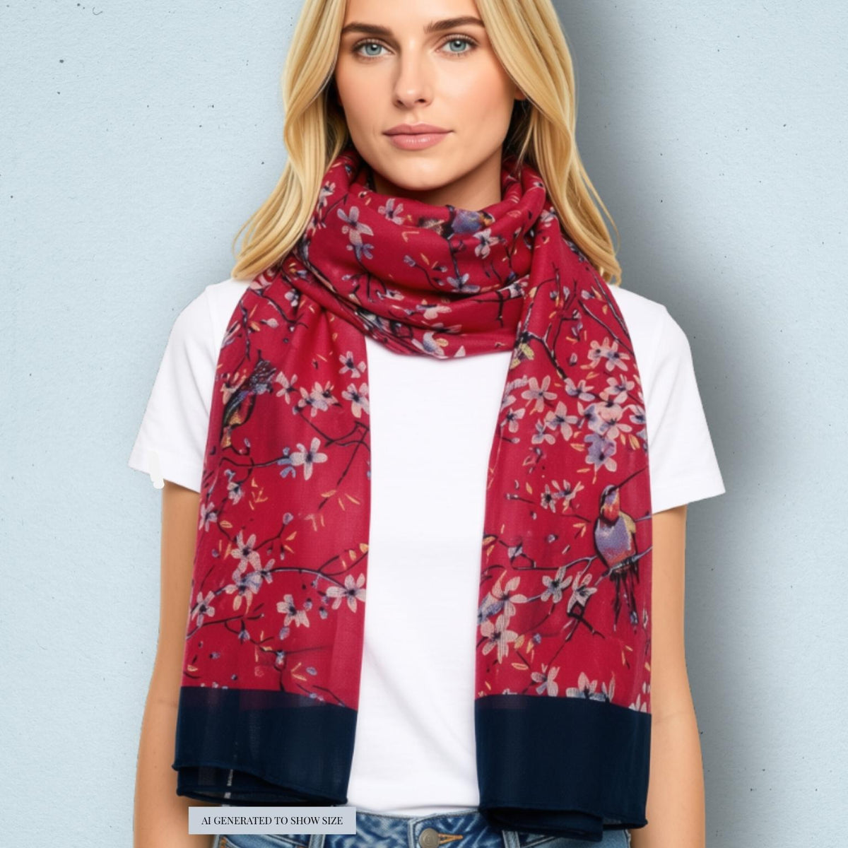 A blonde woman wearing a red scarf with a floral and bird pattern, styled over a white t-shirt against a light blue-gray background.