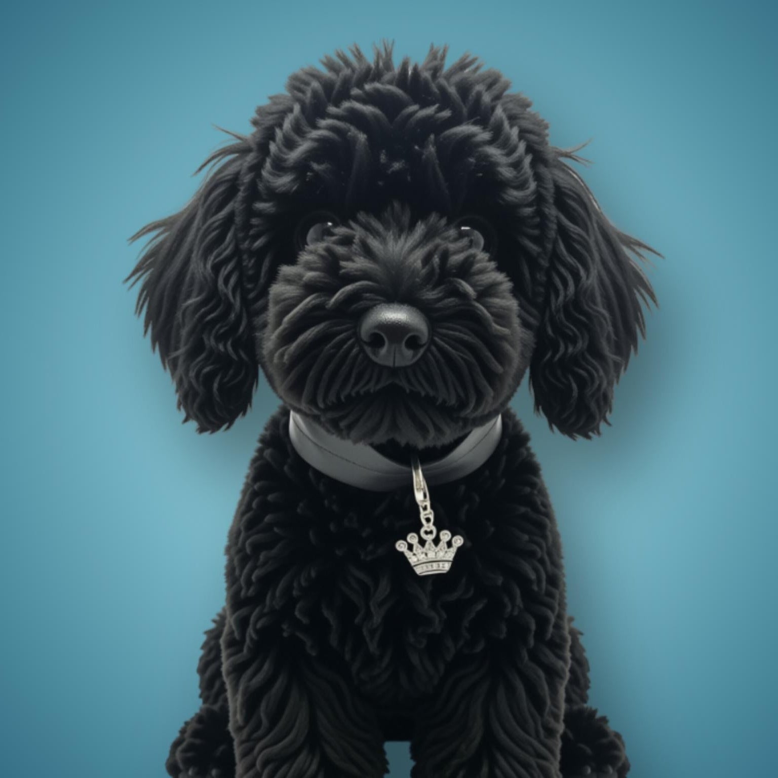 A black curly-haired dog wearing a dark collar with a silver crown-shaped tag, centered against a smooth blue gradient background.
