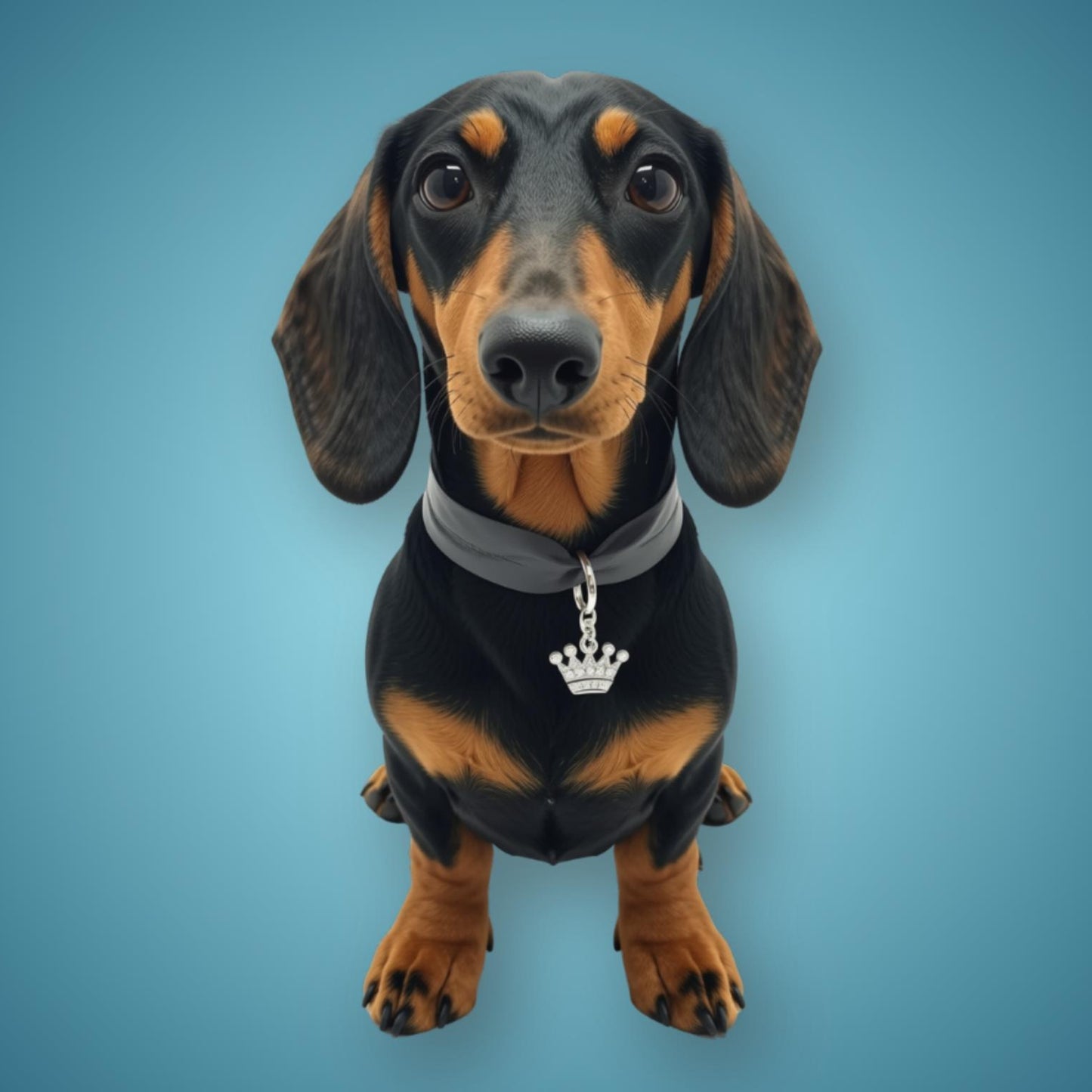 A dachshund wearing a gray collar with a silver crown-shaped tag, set against a solid blue gradient background.