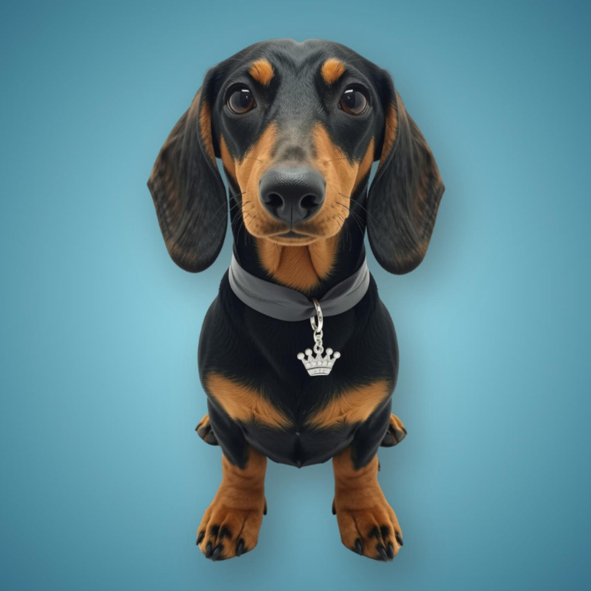 A dachshund wearing a gray collar with a silver crown-shaped tag, set against a solid blue gradient background.
