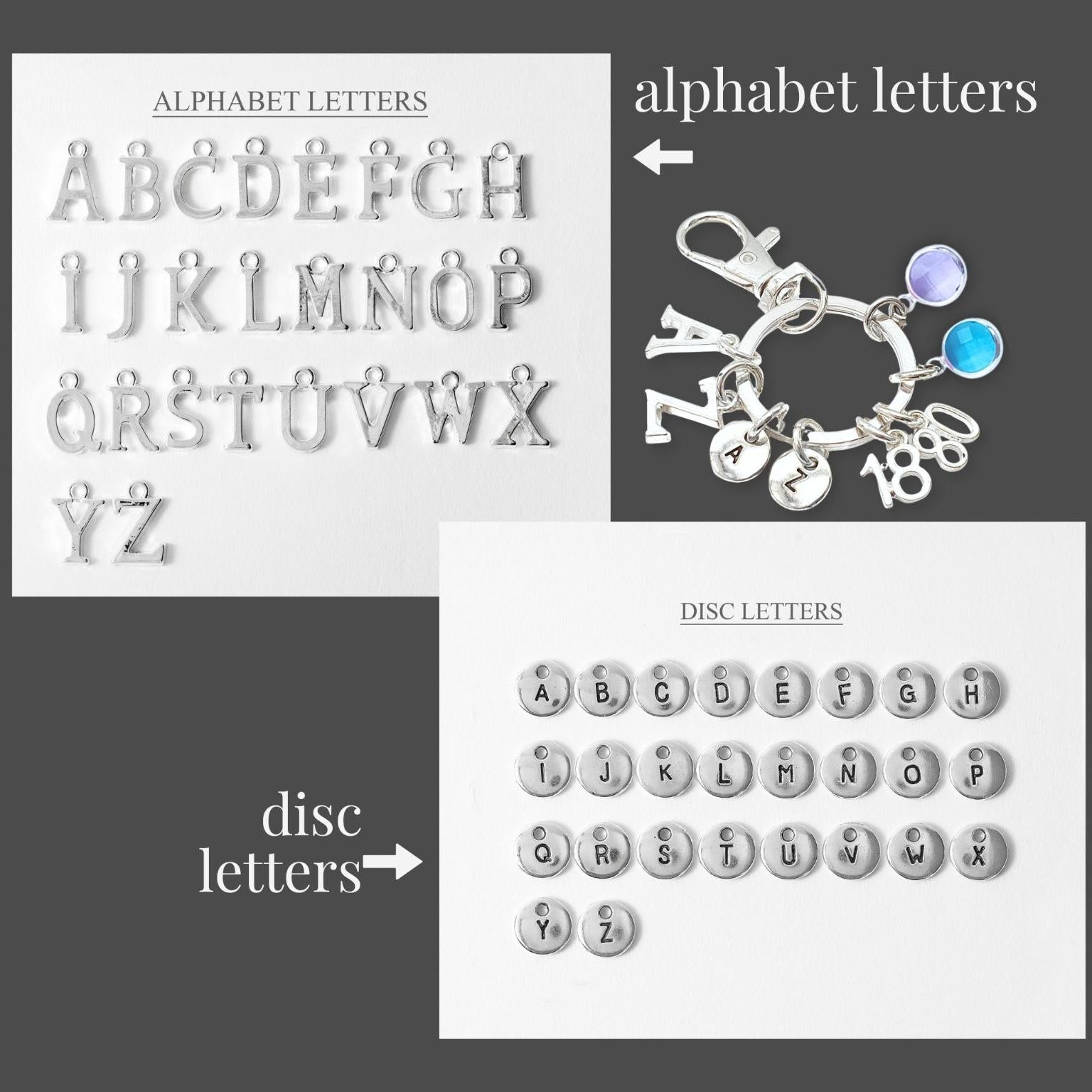 Collection of alphabet and disc letters with a keyring featuring numbers and letters on a gray background.
