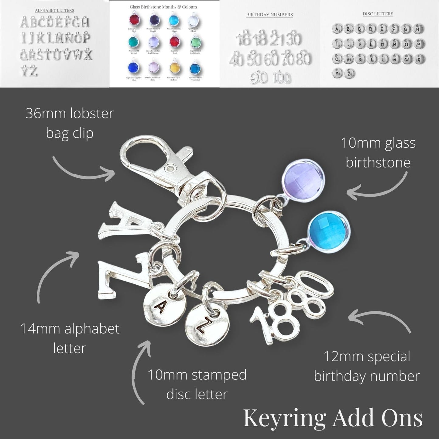 Keyring with various add-on charms including a lobster bag clip, alphabet letters, birthstone, and number on a gray background.