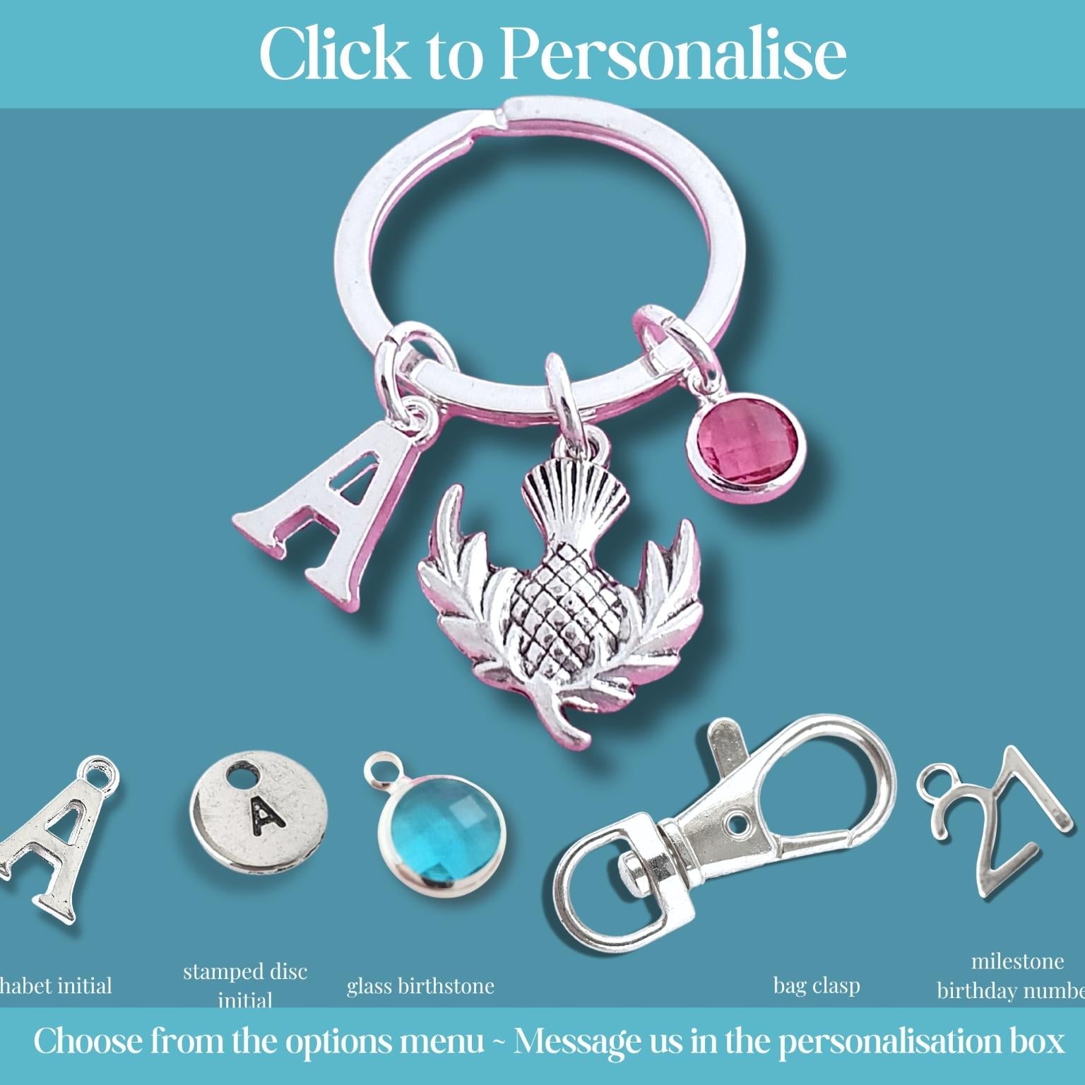 Personalizable keychain with customizable charms on a blue background