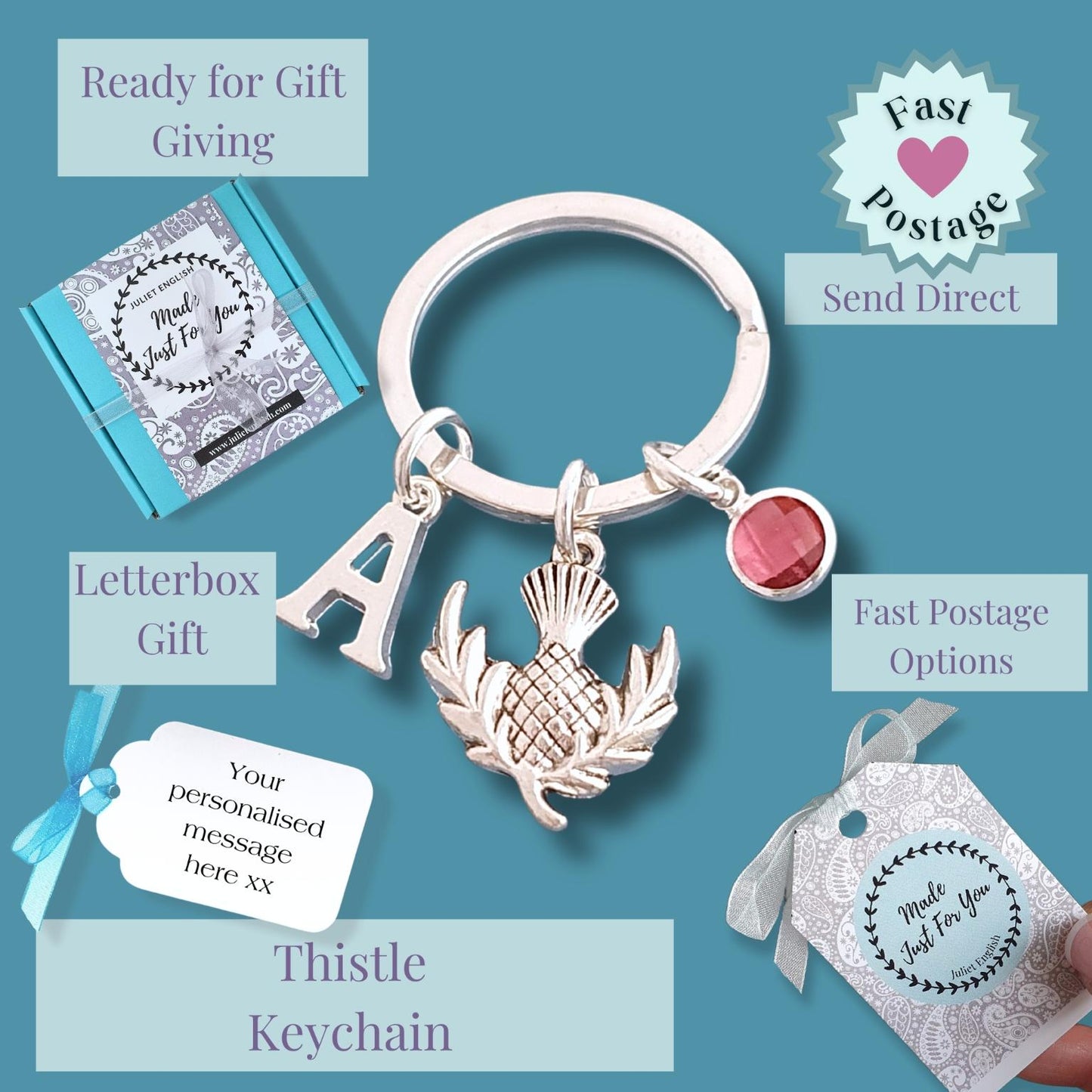 Thistle keychain with charms on a blue background with promotional text.