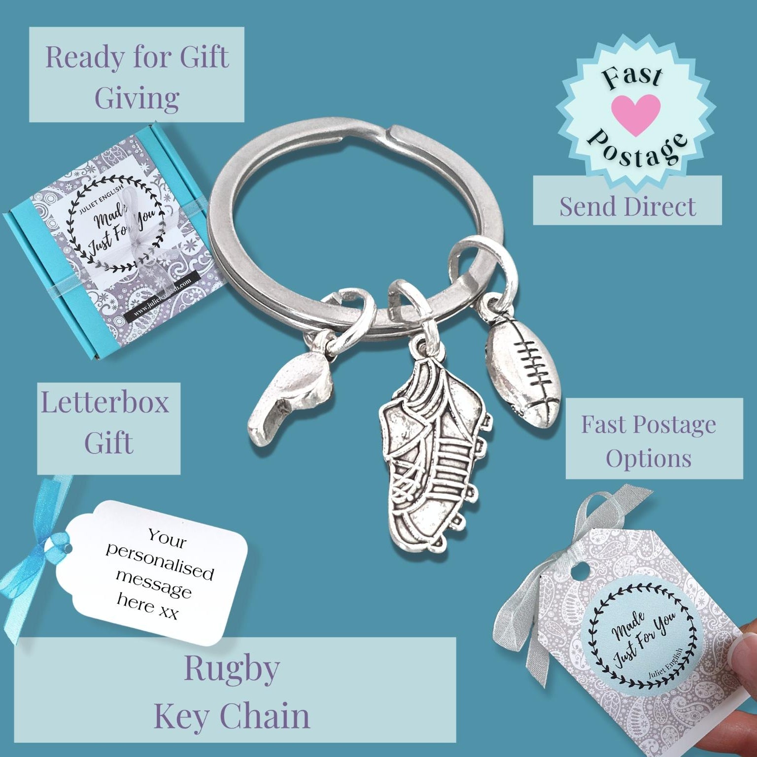 Rugby keychain with charms on a blue background, featuring text about gift-giving options.