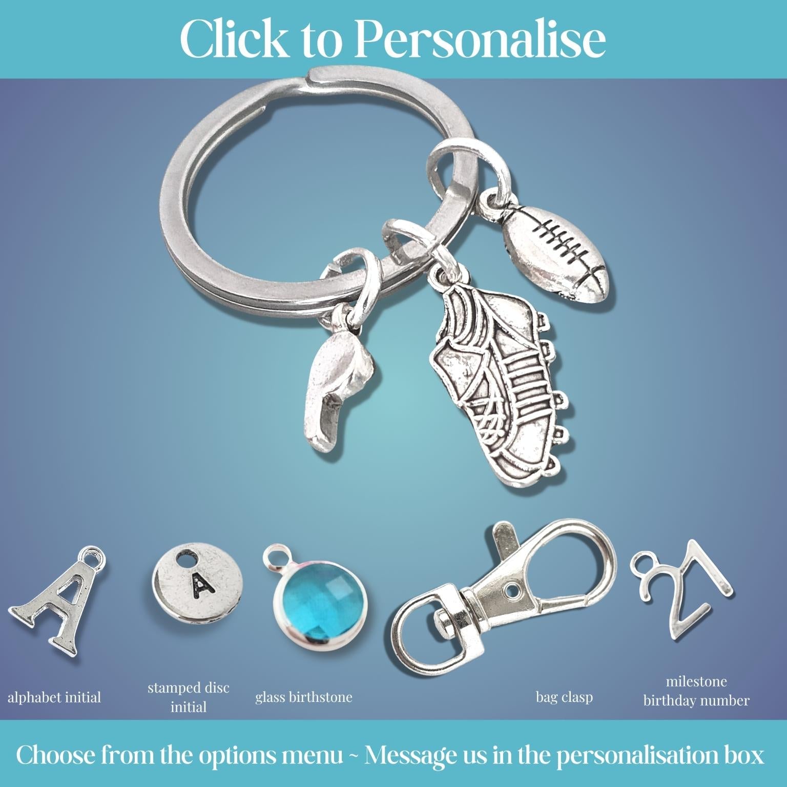 Silver keychain with various rugby themed charms on a blue gradient background