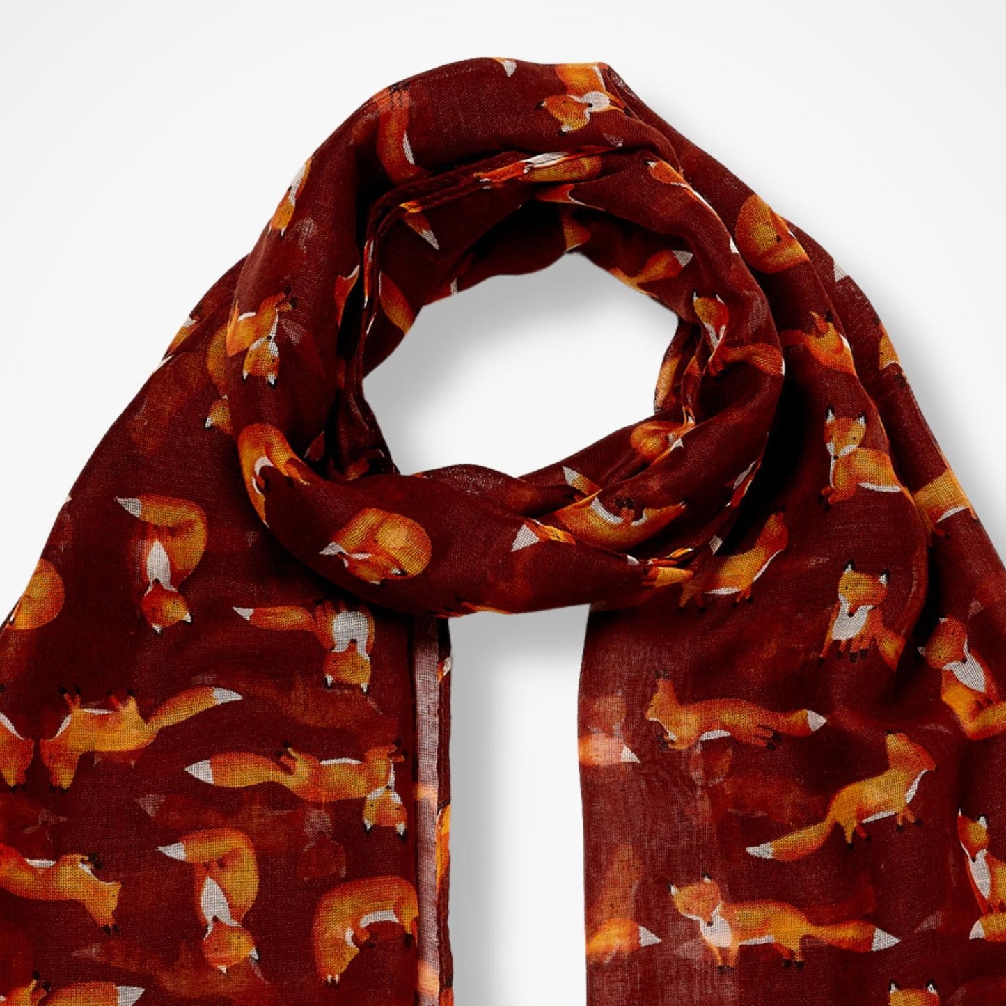Maroon scarf with fox pattern on a white background