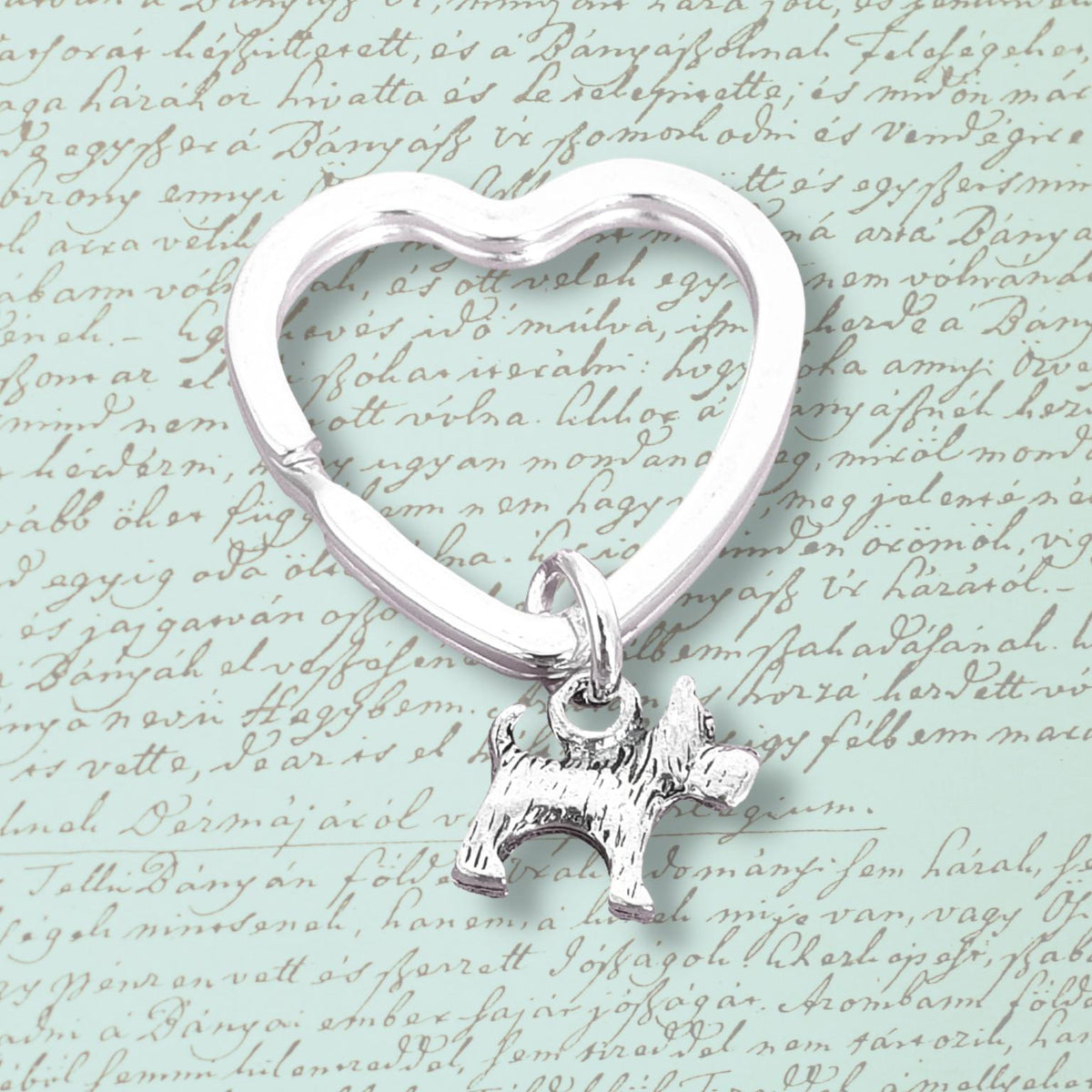 A silver heart-shaped ring with a small dog charm dangling from the bottom, displayed on a light green background with cursive handwriting.