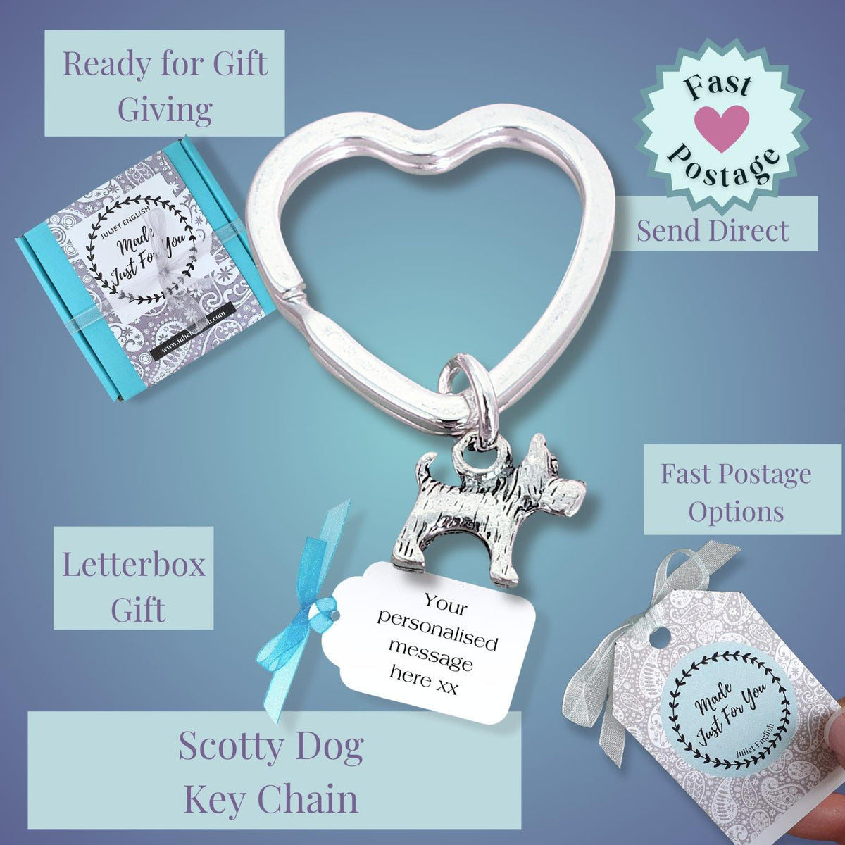 Silver heart-shaped keychain with a Scotty dog charm and a personalized tag, shown with gift box, letterbox, and gift tag options on a blue gradient background with text callouts.