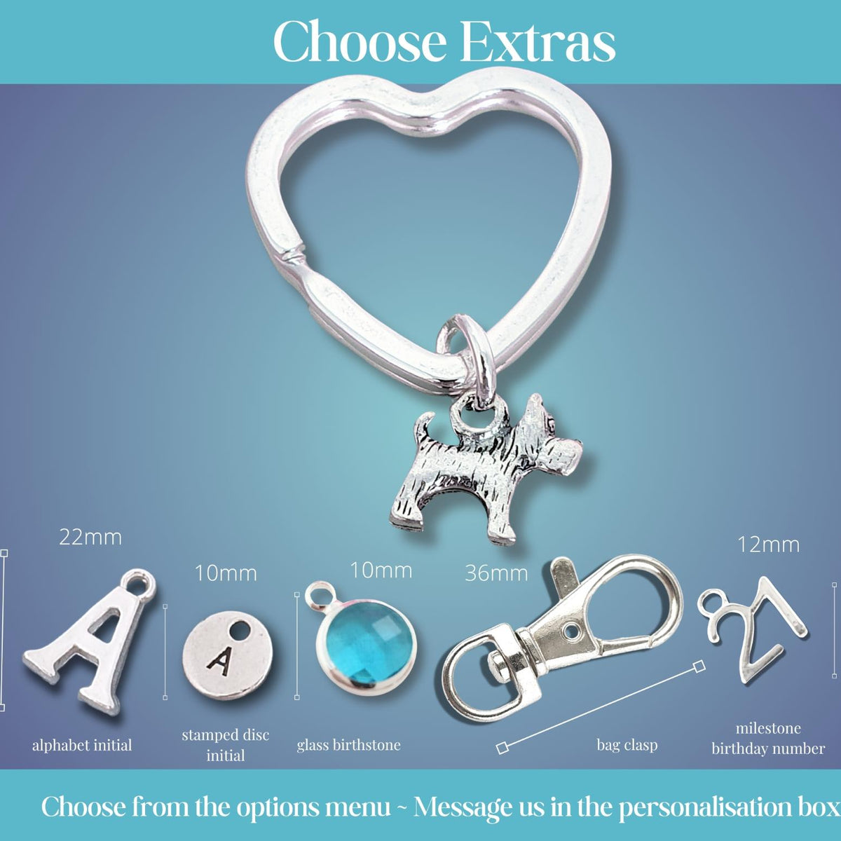 Silver key ring with a westie dog charm and clasp, shown on a blue gradient background with options for extra personalization details and measurements labeled.