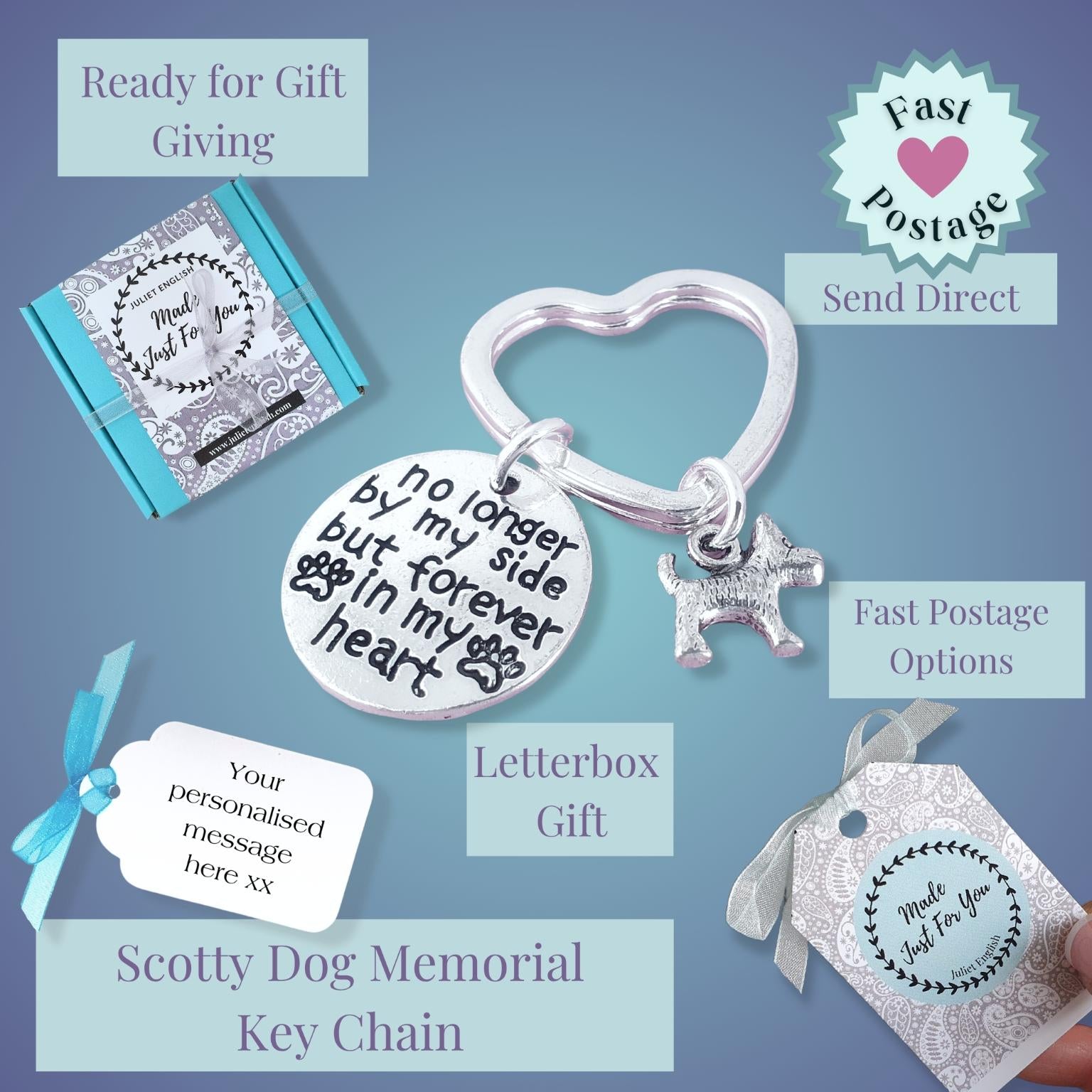 Silver Scotty Dog memorial key chain with engraved text charm and dog-shaped charm, shown with gift box, letterbox tag, and postage options on a blue gradient background.