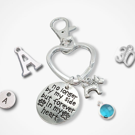 Silver memorial keychain charm set featuring a heart-shaped clasp, a round engraved disc with 'no longer by my side but forever in my heart', a dog silhouette charm, a blue faceted gemstone, and individual letter 'A' and number '30' charms on a white background.