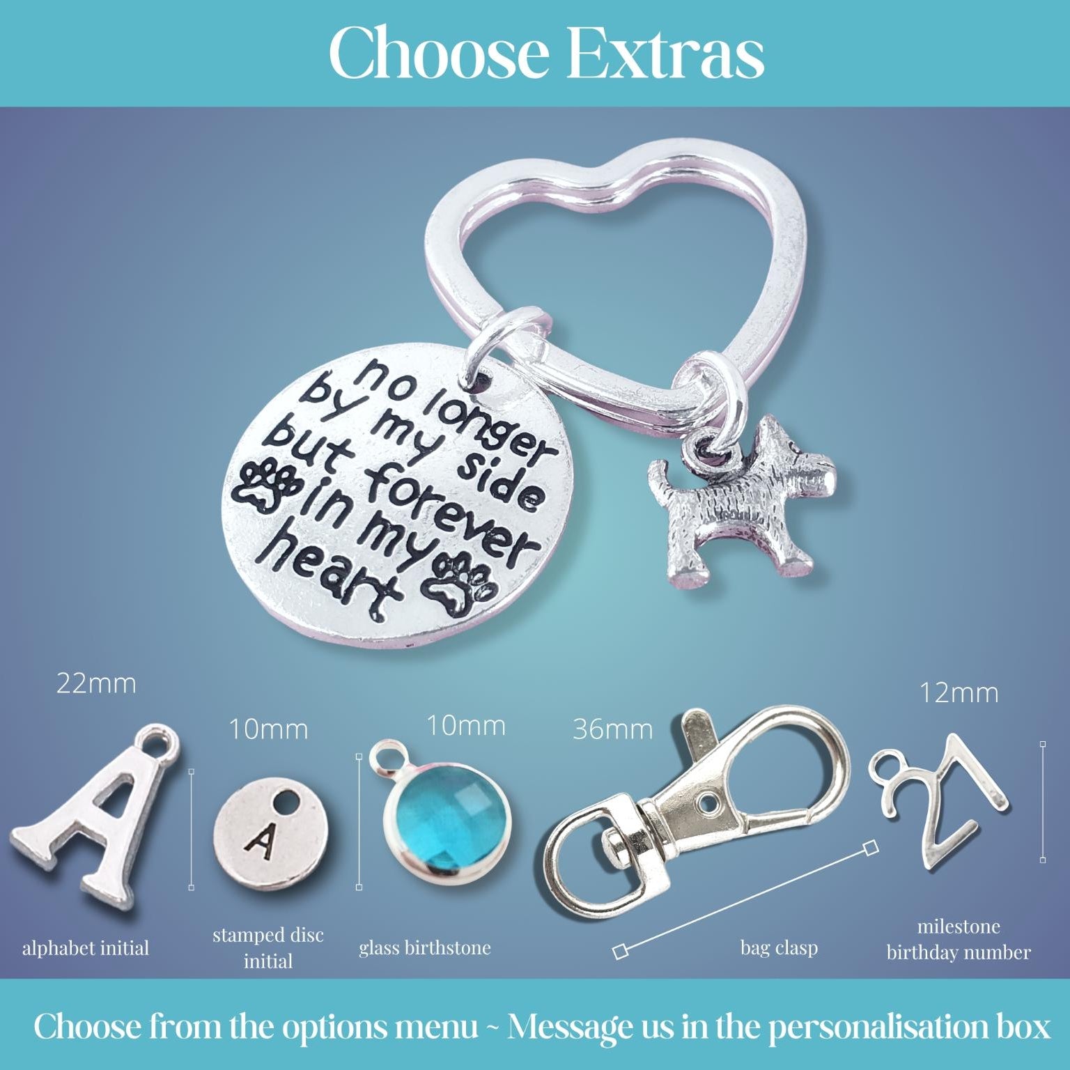 Silver heart-shaped keychain with a stamped disc reading 'no longer by my side but forever in my heart' and a small dog charm, shown on a blue gradient background with customization options and dimensions labeled.
