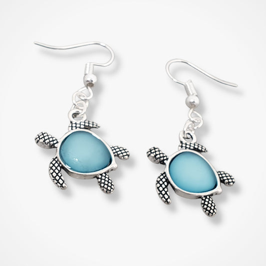 Seaglass Turtle Earrings - Silver