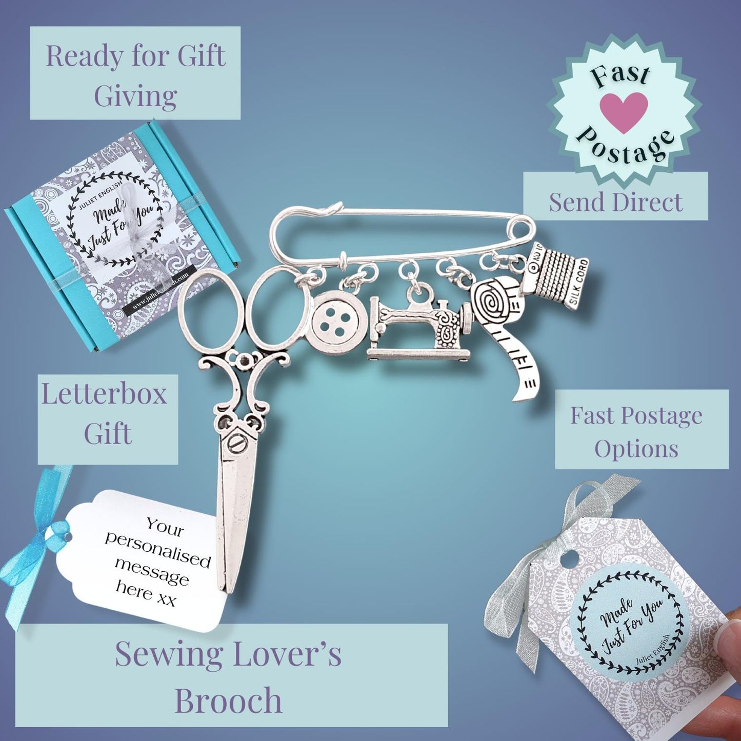 Sewing Lover's Brooch with decorative elements on a blue background