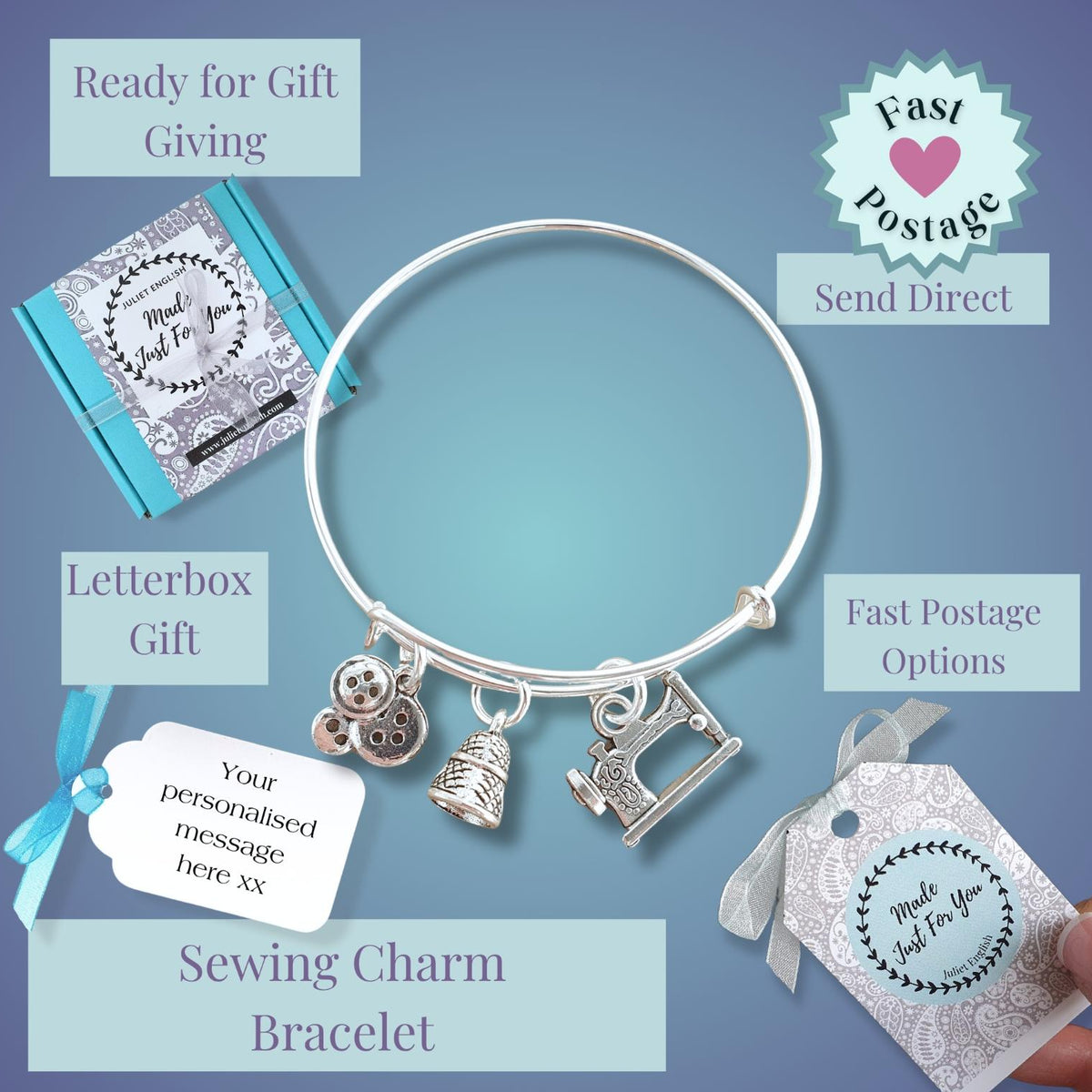 A silver bangle bracelet with sewing-themed charms (buttons, thimble, sewing machine) displayed on a blue gradient background with promotional text overlays and a hand holding a gift tag.