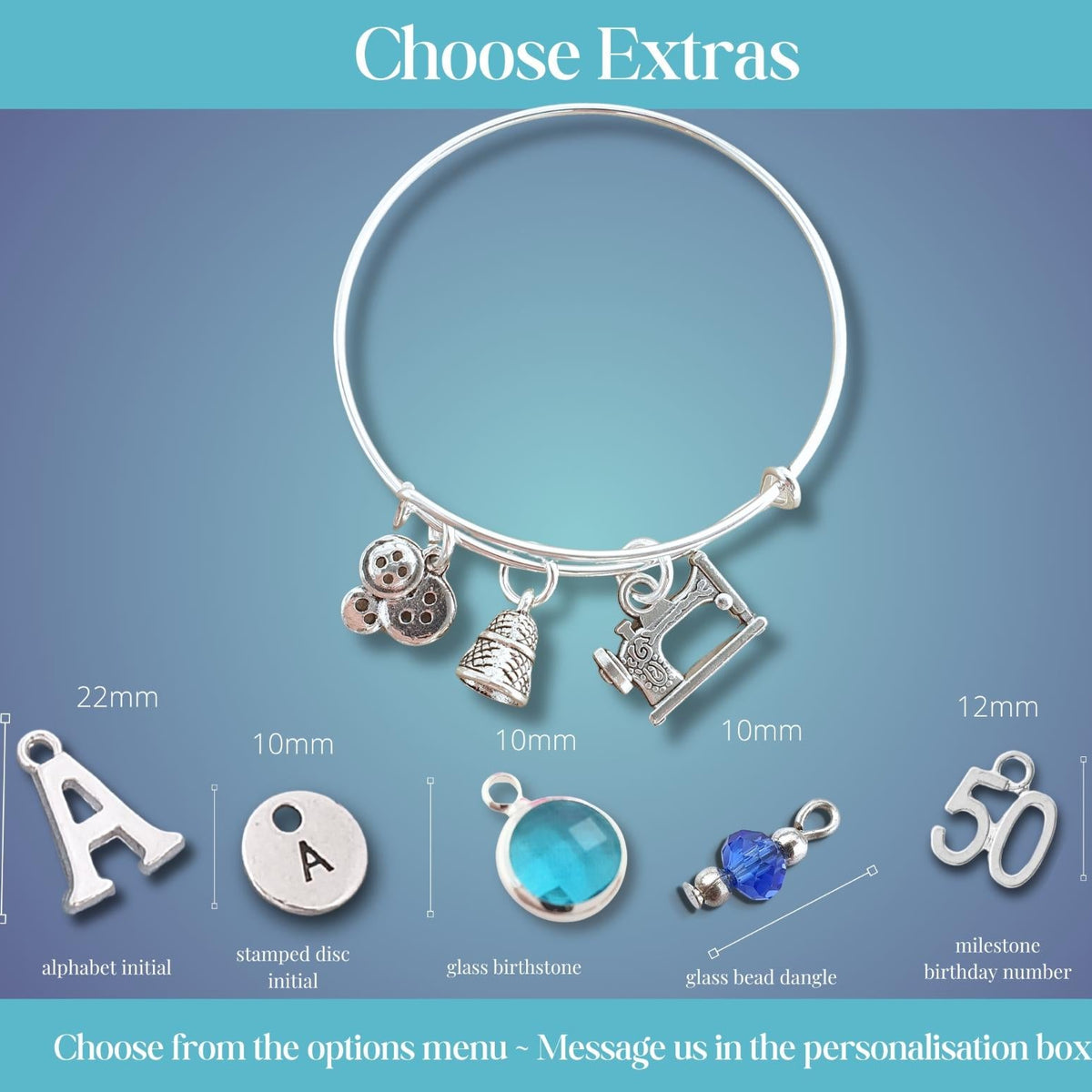 A promotional graphic for a silver charm bracelet with customizable charms. The main product is a silver bangle bracelet with three charms (a letter 'A', a bell charm, and a '50' milestone charm) shown against a blue gradient background.