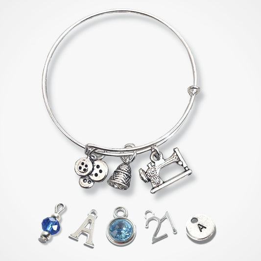 Sewing Theme Charm Bangle - Silver