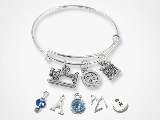 Sewing Charm Bangle - Silver