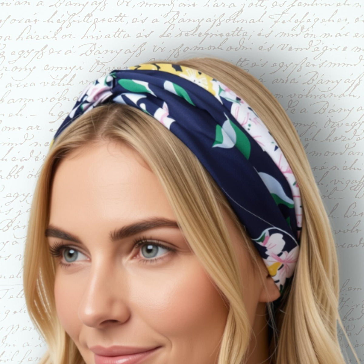 A blonde woman wearing a navy blue silky headband with a white, green, and yellow floral pattern, set against a white background with faint cursive script.