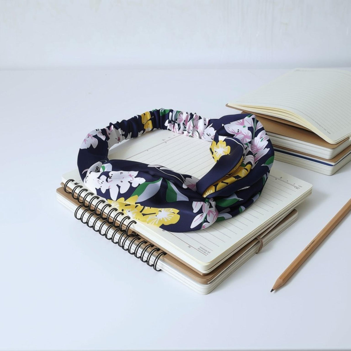 A floral elastic headband with a navy, yellow, and white pattern, styled on top of open notebooks with a wooden pencil on a white surface.