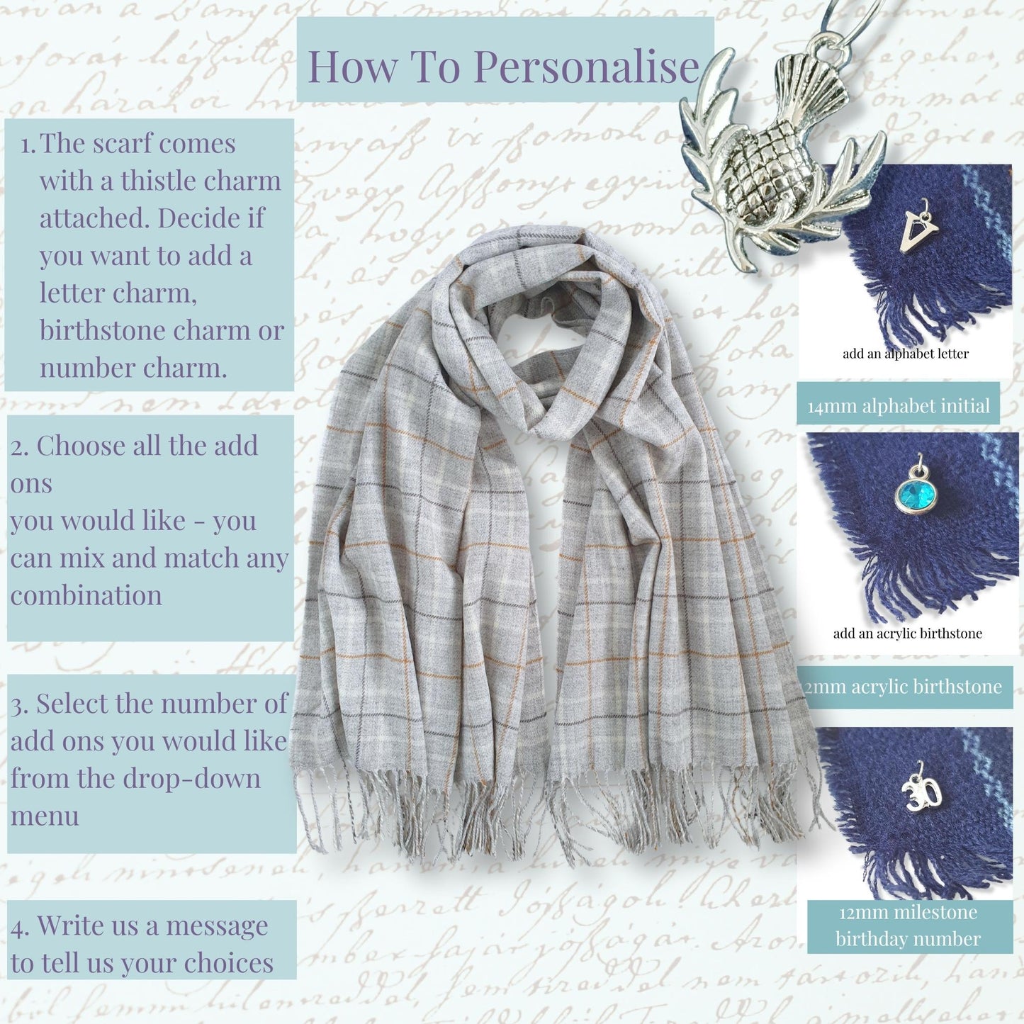 Scarf with thistle charm and options for personalization on a textured background