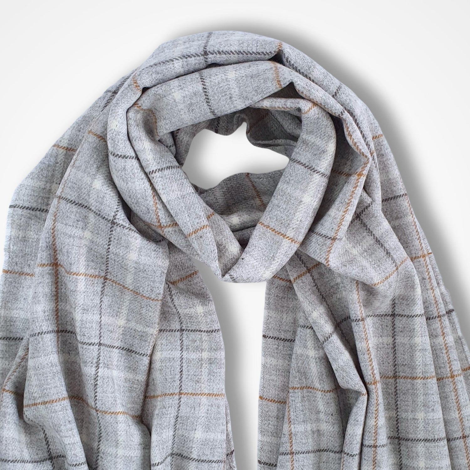 GrEy plaid scarf against a white background