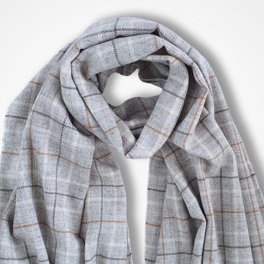 GrEy plaid scarf against a white background