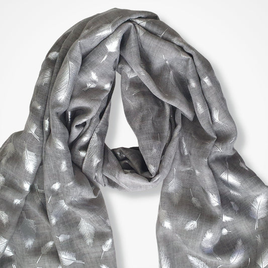 Tie Dye Printed Silver Feathers Scarf - Grey with silver print