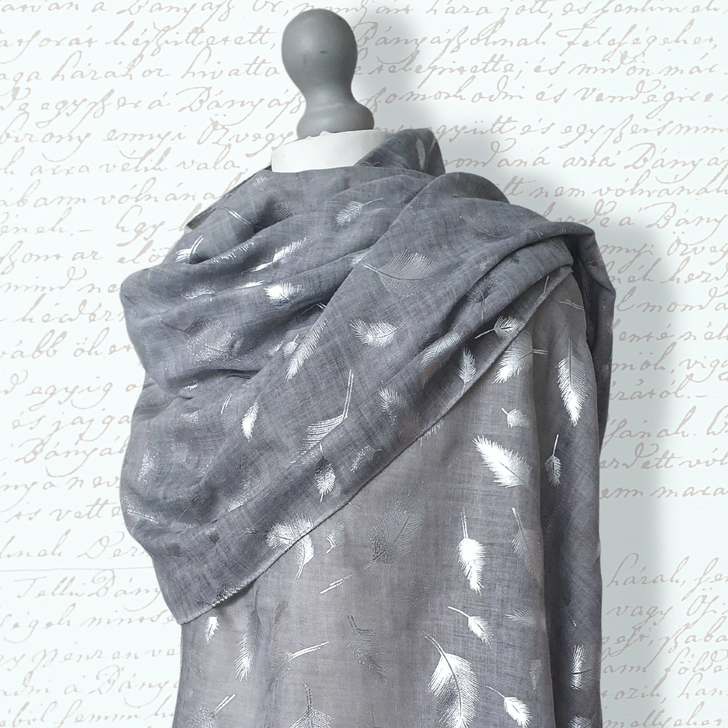 Tie Dye Printed Silver Feathers Scarf - Grey with silver print