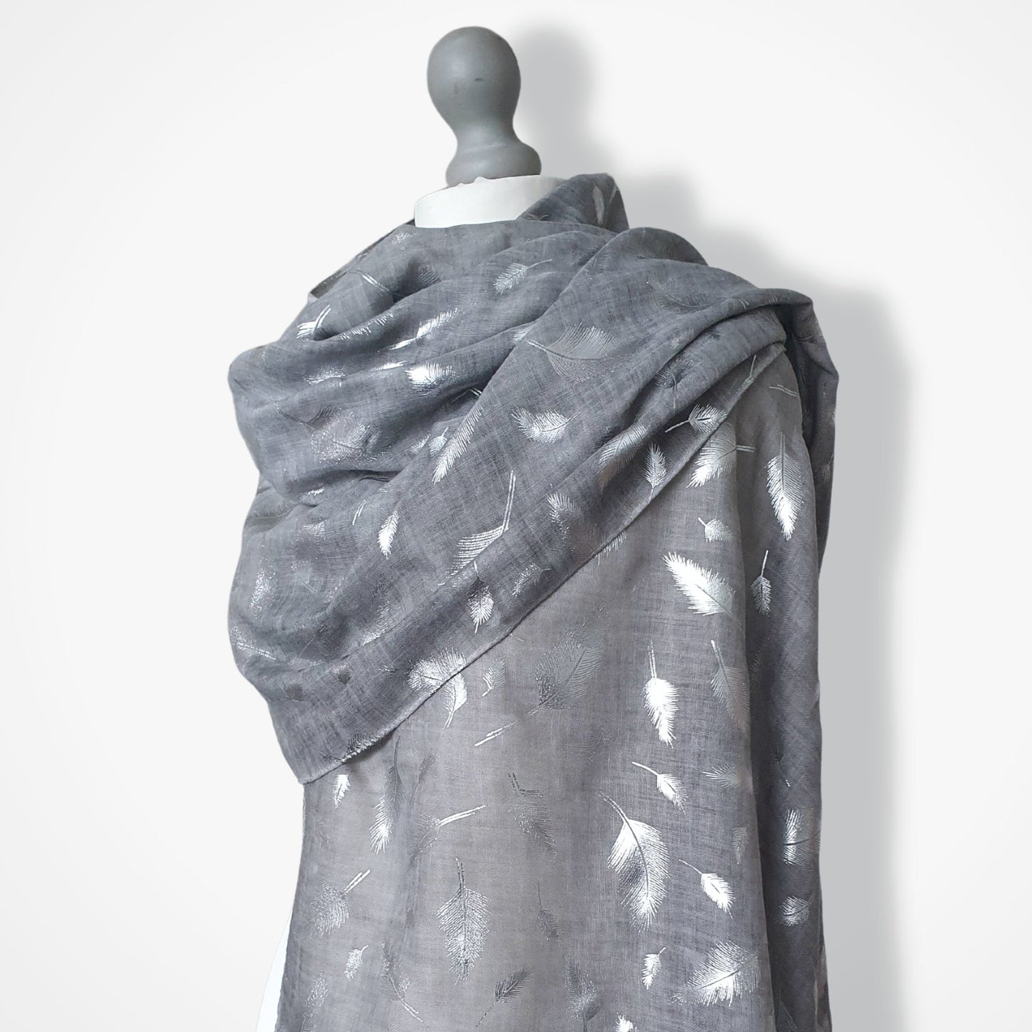 Tie Dye Printed Silver Feathers Scarf - Grey with silver print