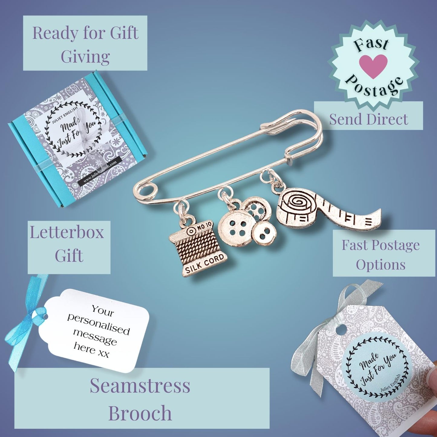Seamstress brooch with charms on a blue background, surrounded by gift-related text and images.