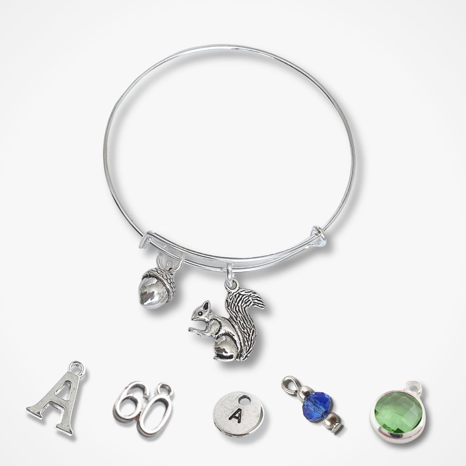 Silver adjustable bracelet with various charms on a white background