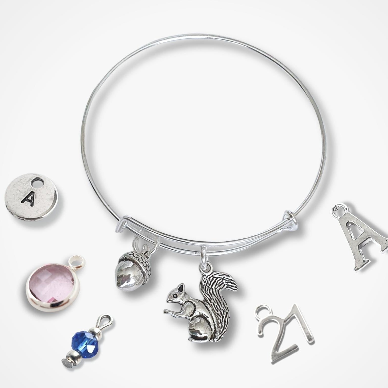 Silver bracelet with various charms on a white background