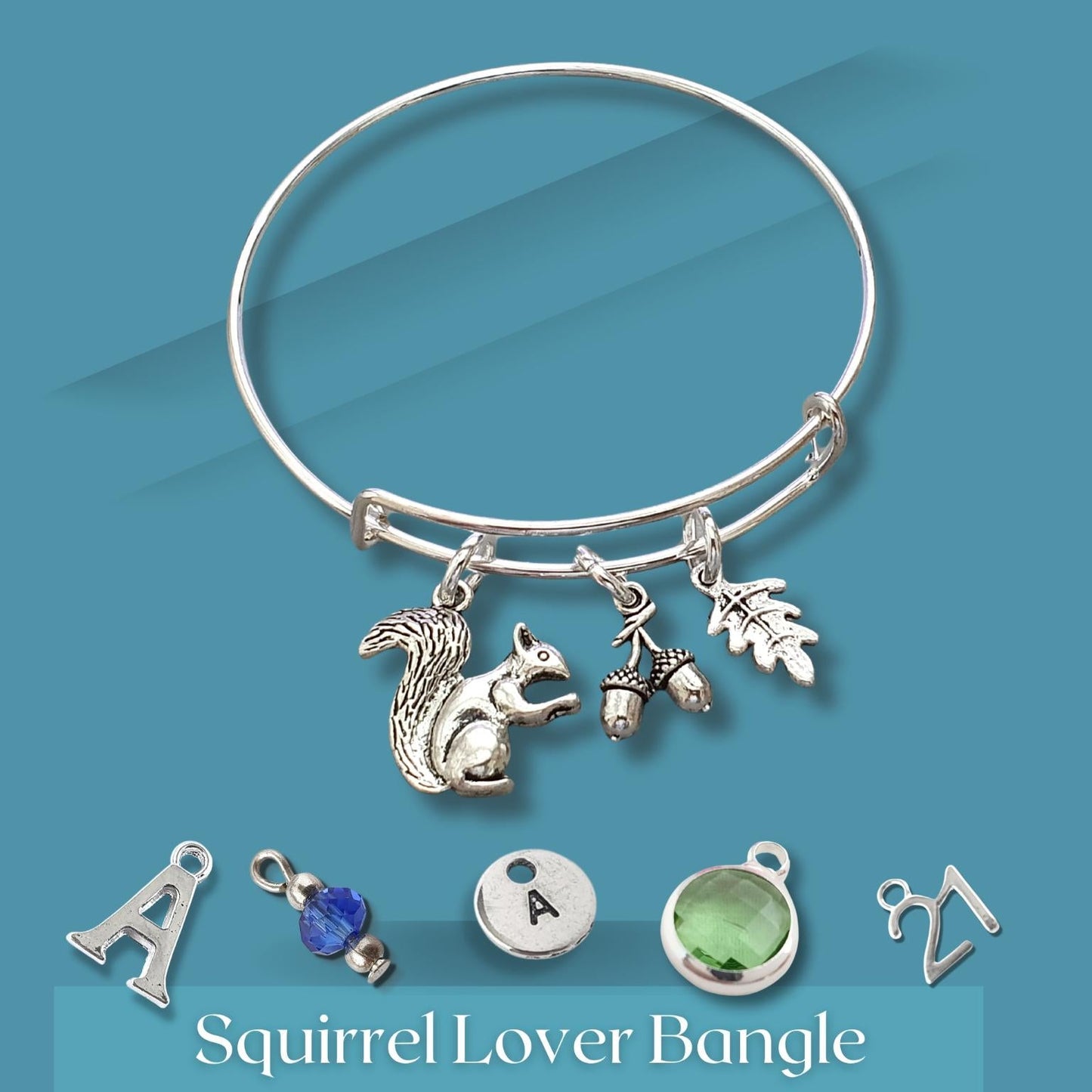 Silver bracelet with squirrel charm on a blue background