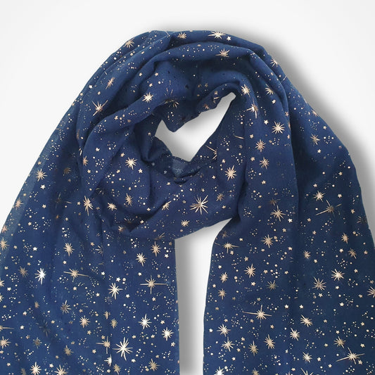 Navy blue scarf with star pattern on a white background