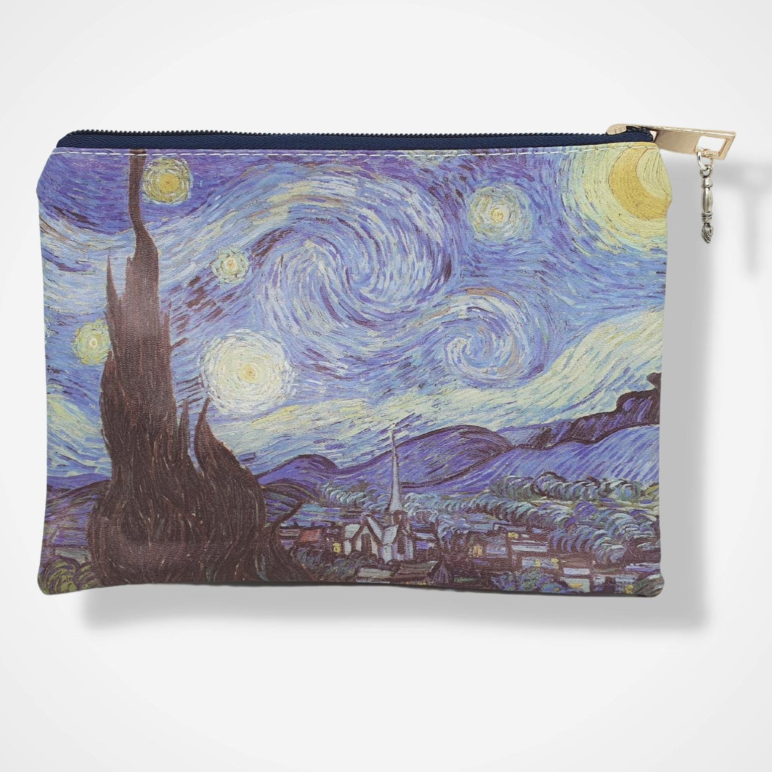 A zippered pouch featuring a printed Van Gogh-inspired swirling night sky design in purple, blue, yellow, and white, with a gold zipper pull, shown on a light gray background.