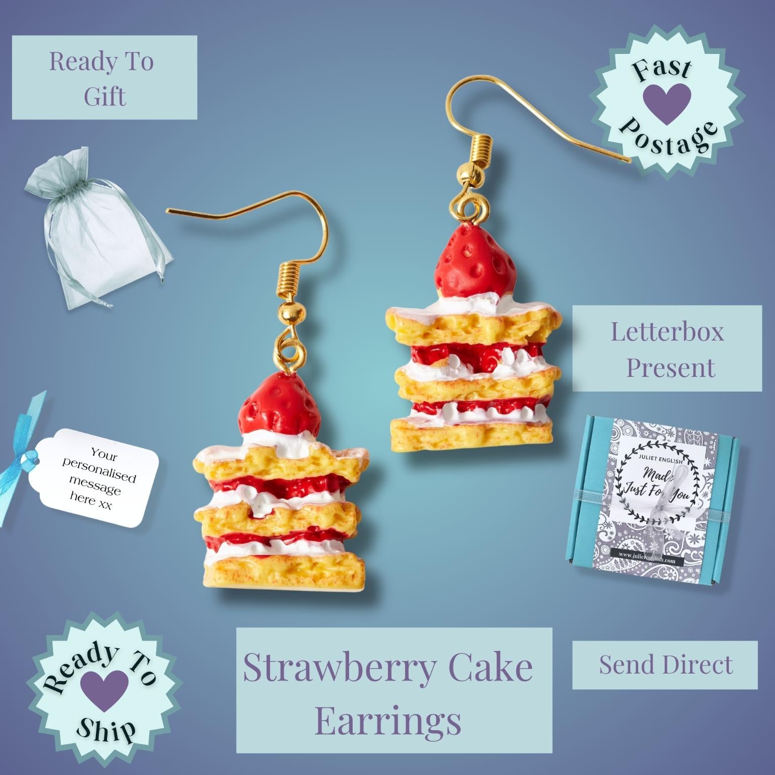 Strawberry cake earrings shown on a blue gradient background with shipping and gift presentation labels. The earrings feature layered sponge cake, red strawberry cream, and gold fishhook wires, with included packaging and shipping options shown around them.