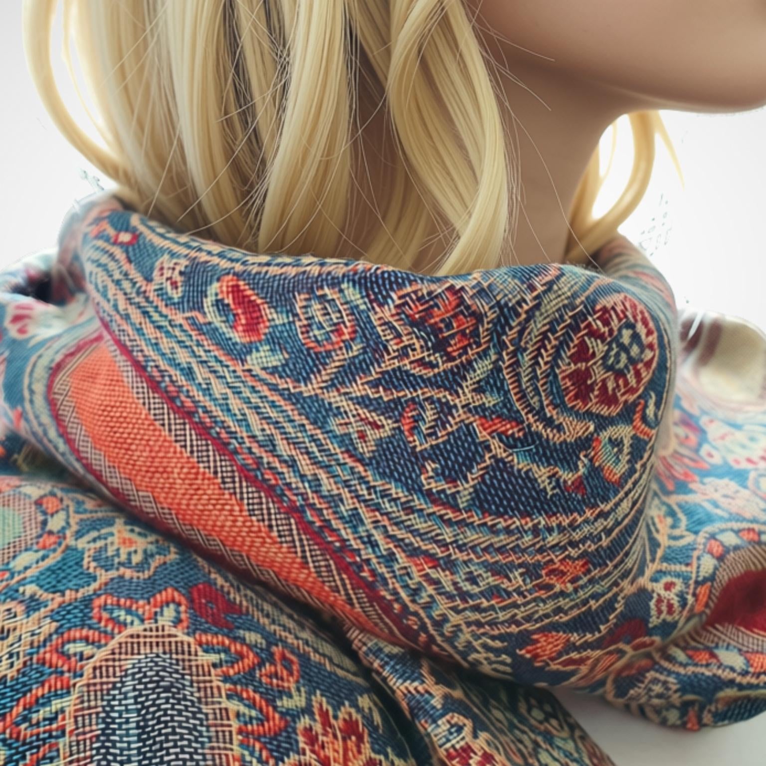 A close-up of a patterned scarf wrapped around a mannequin neck with blonde hair, showing a detailed woven design in blue, red, orange, and beige.