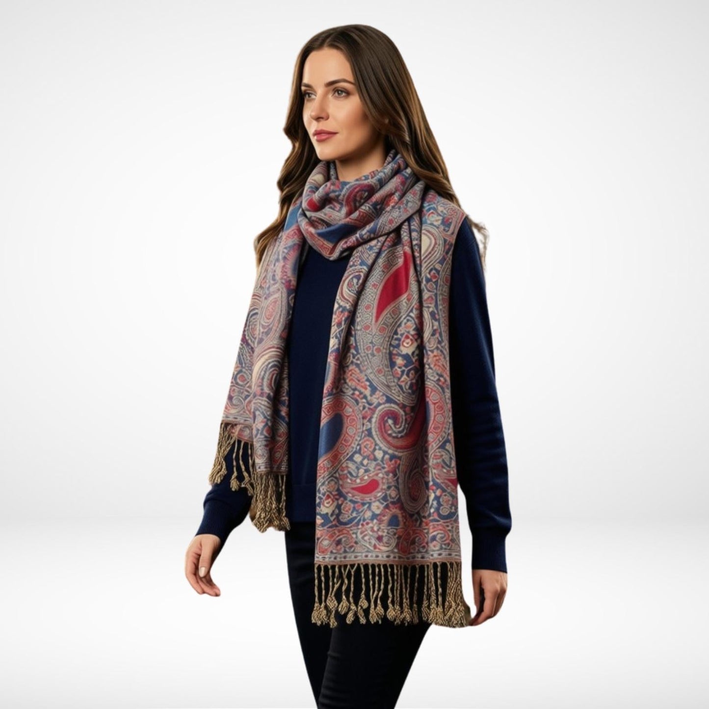 A woman modeling a large paisley scarf with fringe, featuring a multicolor pattern of red, blue, beige, and orange on a white background.
