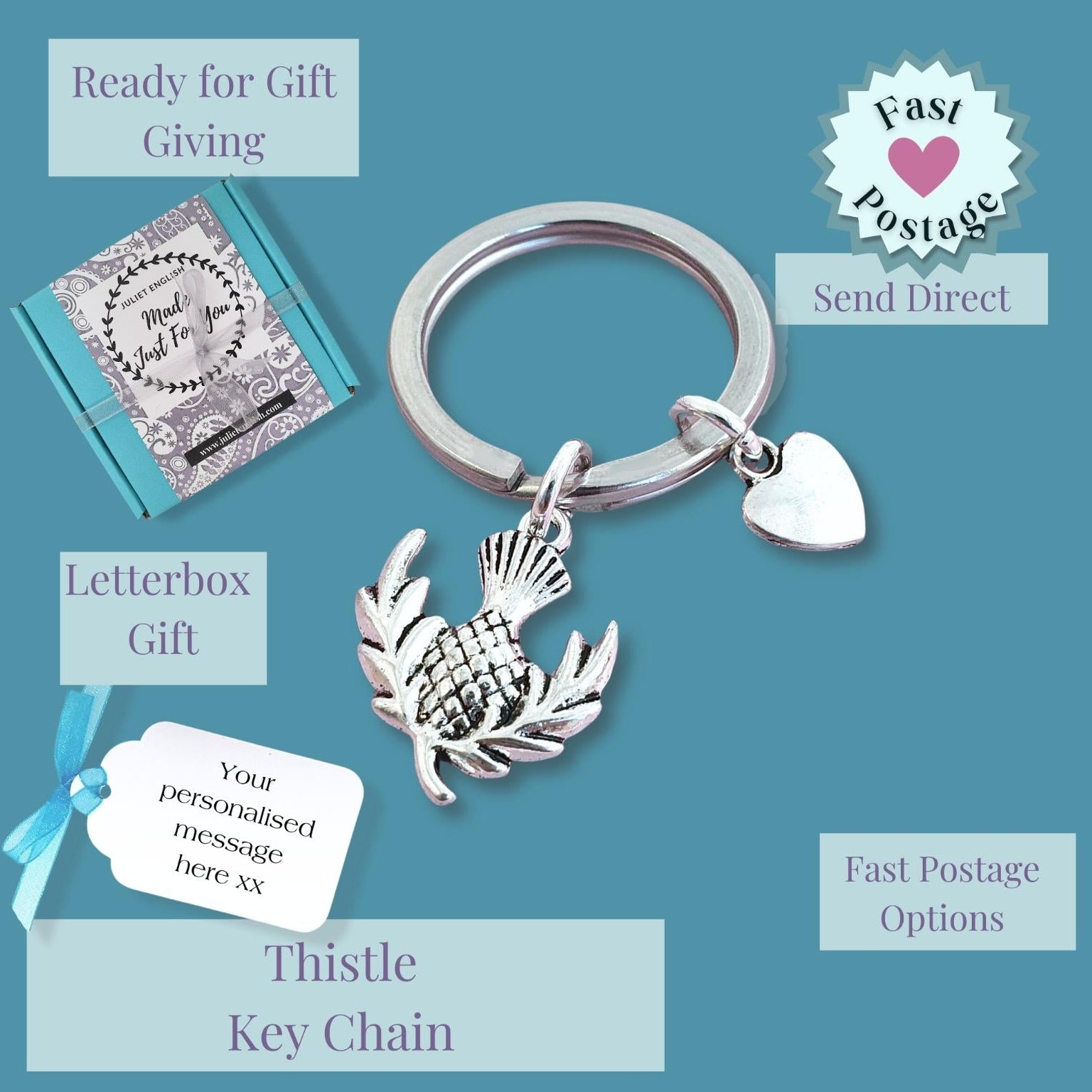 Silver keychain with thistle design on a blue background