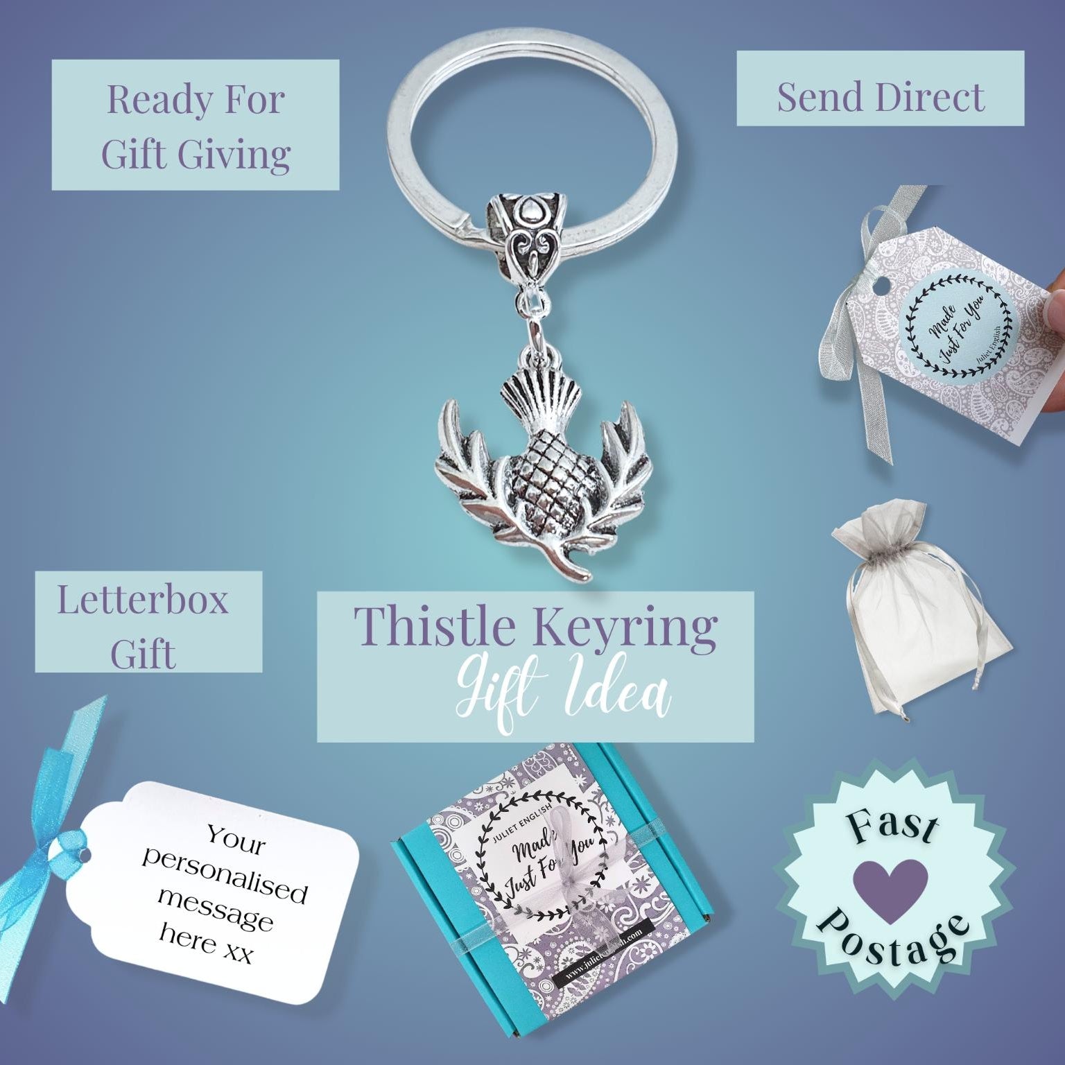 A promotional collage for a Thistle Keyring  on a blue gradient background. The main product shown is a silver-toned thistle keyring with a clear silicone loop.