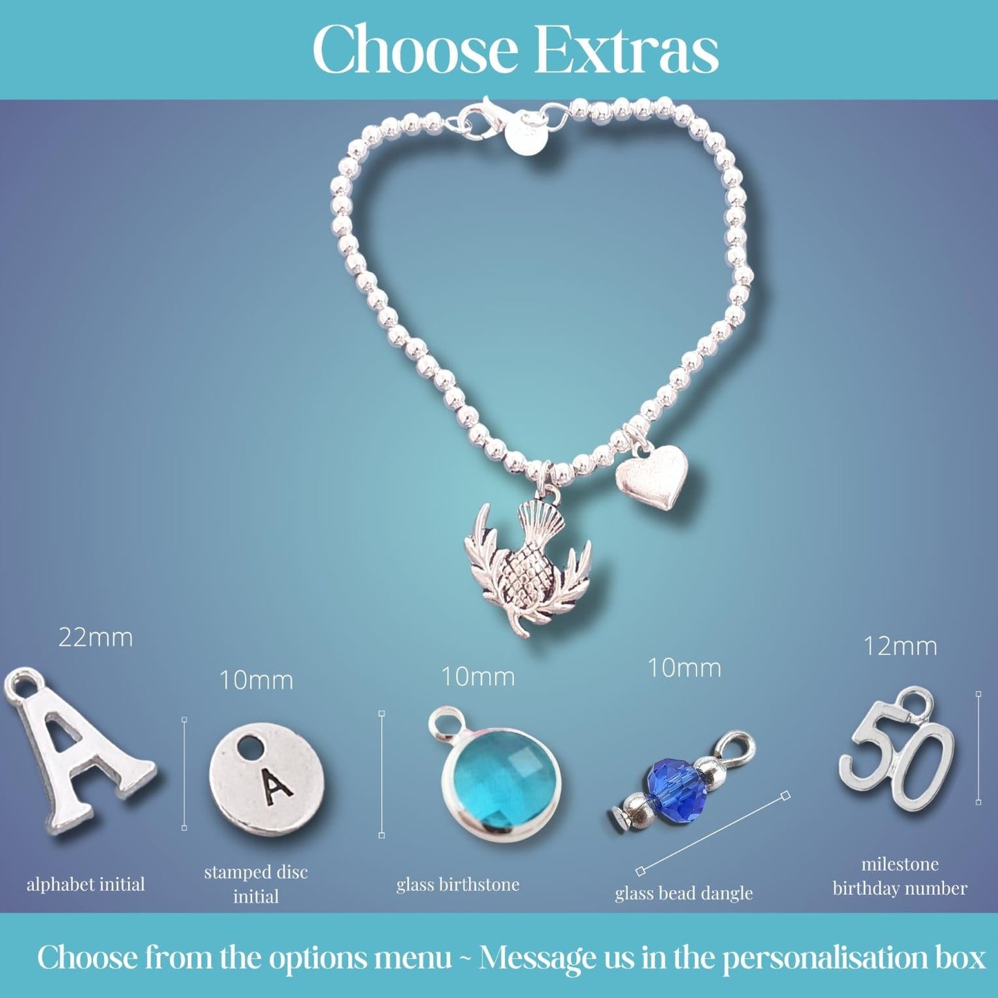A bead bracelet with silver charms is shown on a blue gradient background with a 'Choose Extras' header. The bracelet has a silver thistle and heart charm.