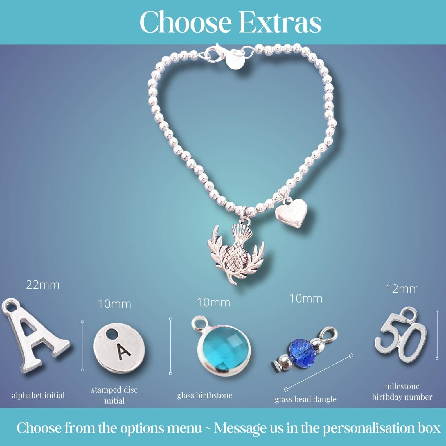 A bead bracelet with silver charms is shown on a blue gradient background with a 'Choose Extras' header. The bracelet has a silver thistle and heart charm.