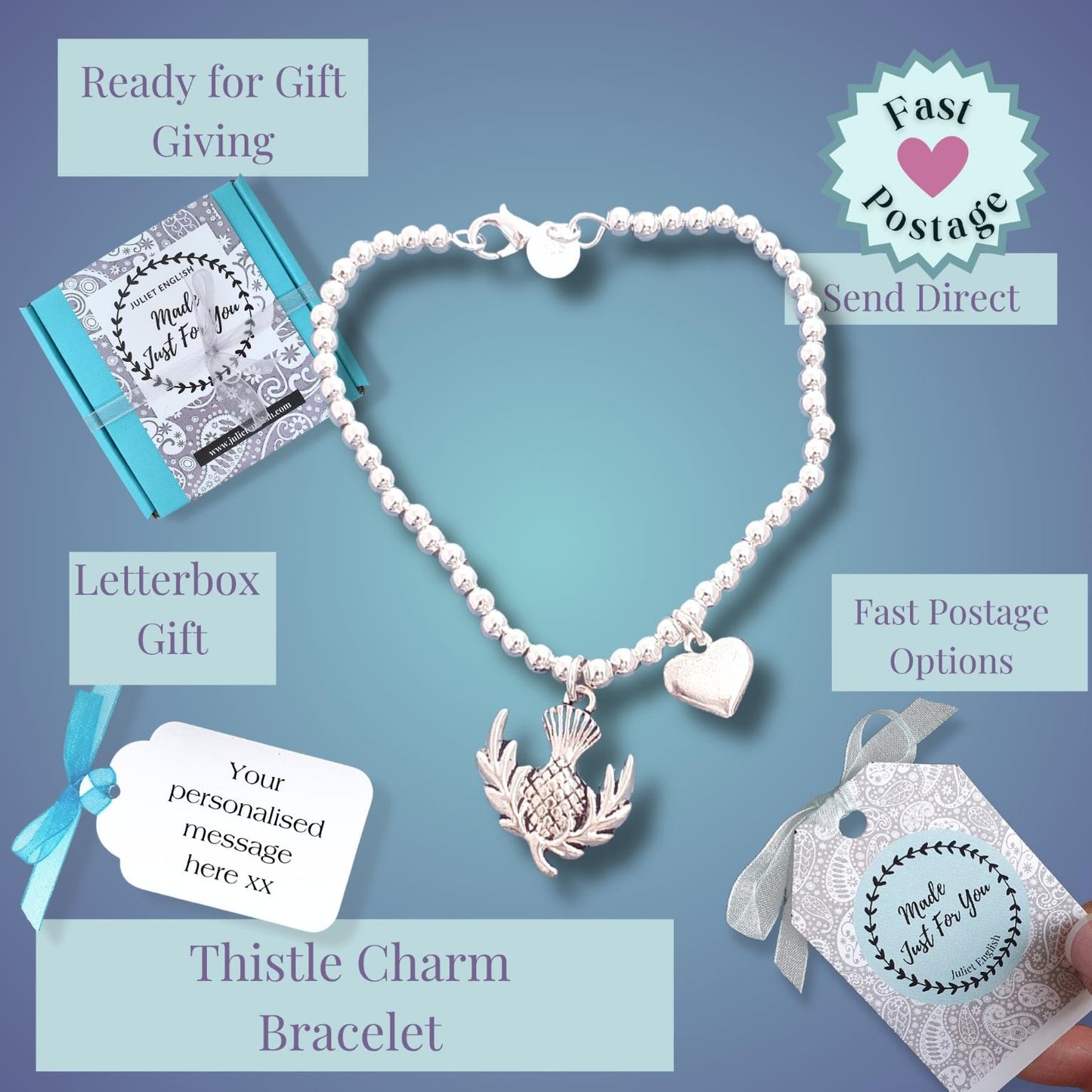 A bead bracelet with a silver thistle charm and small heart charm, shown on a blue gradient background with gift packaging and text callouts including 'Ready for Gift Giving,' 'Letterbox Gift,' 'Thistle Charm Bracelet,' and 'Fast Postage.' A hand is holding one of the gift tags at the lower right.