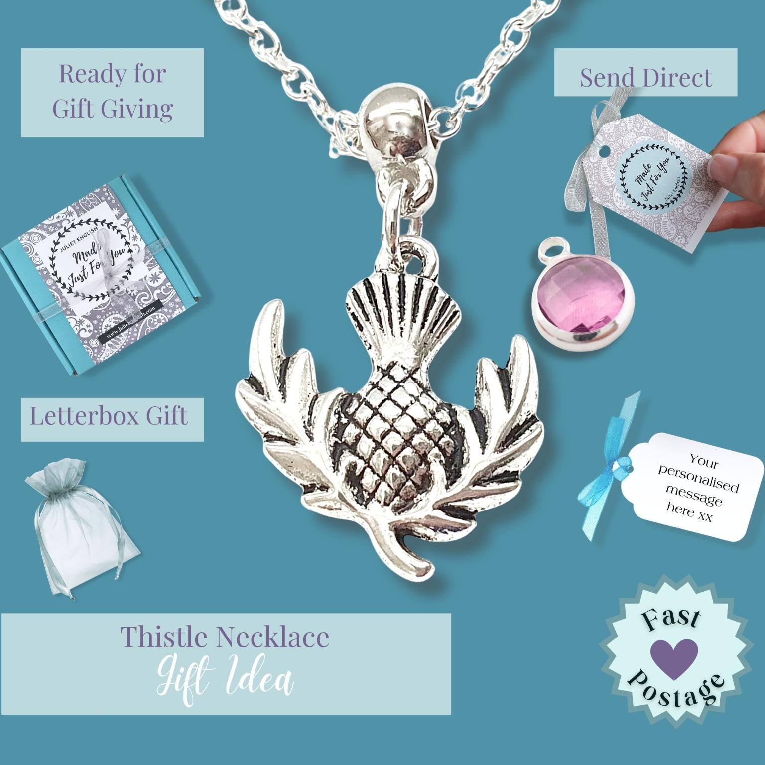 Silver thistle necklace with packaging and gift ideas on a blue background
