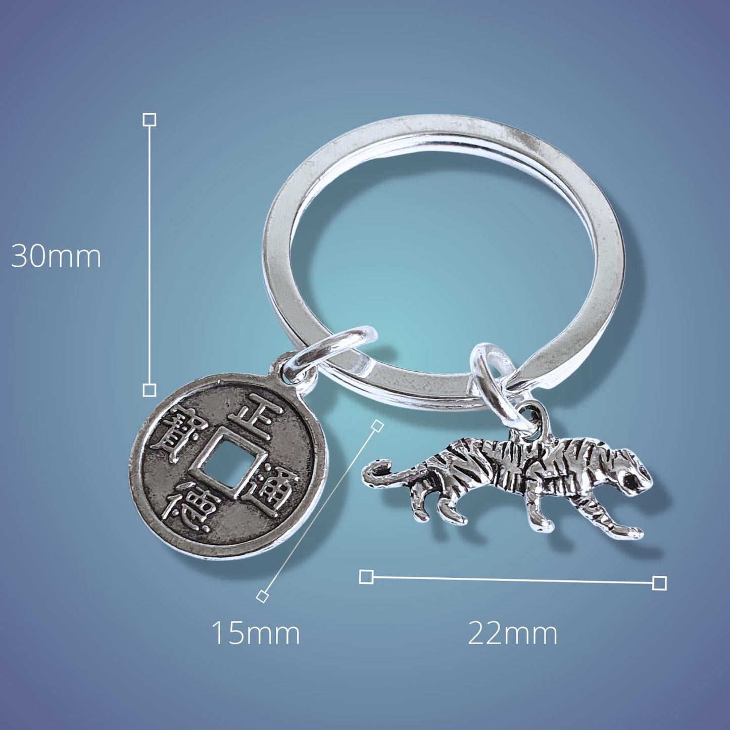 Silver keychain with tiger charm and coin charm on a blue gradient background